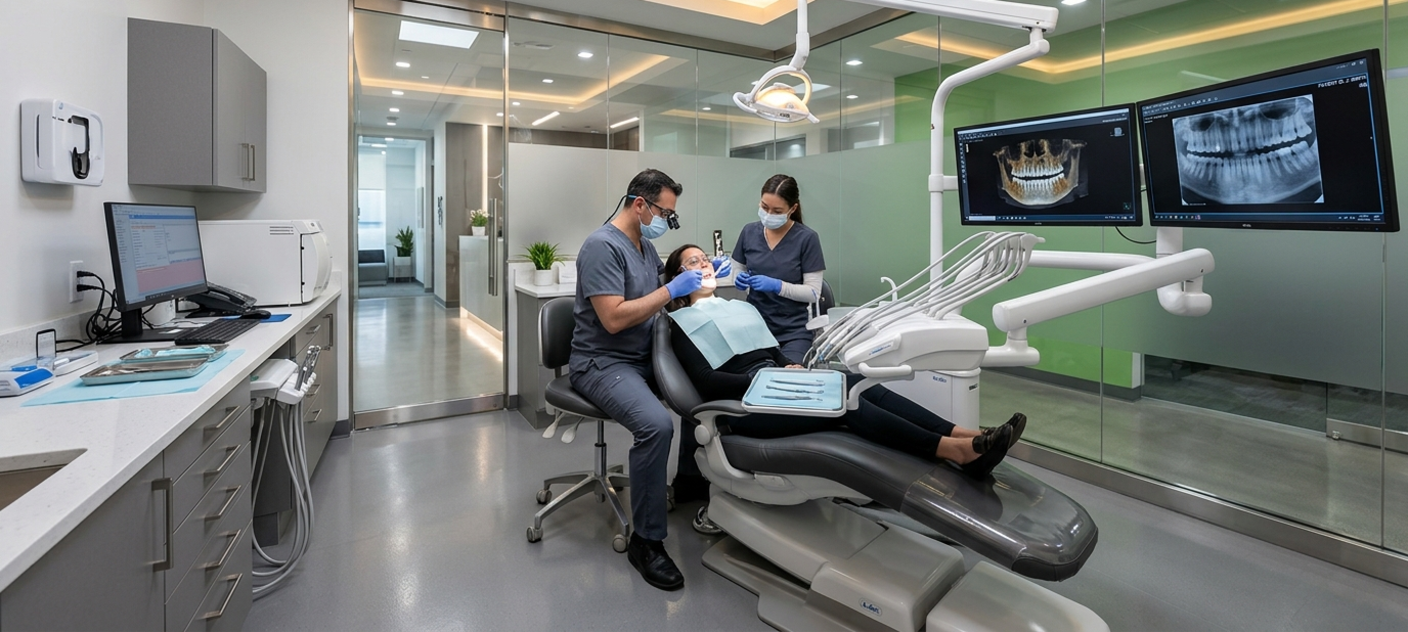 Specialist dentist and clinical assistant treating a patient in a modern operatory